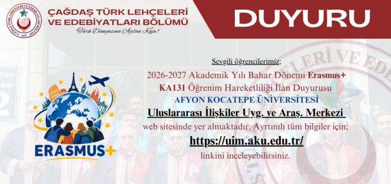 2026-2027 Akademik Yılı Bahar Dönemi Erasmus+ KA131 Öğrenim Hareketliliği İlan Duyurusu